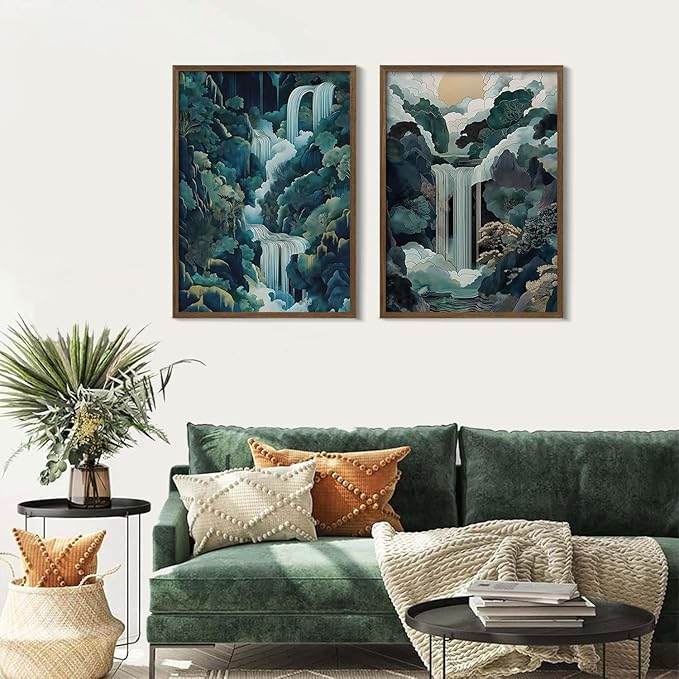 2pcs Framed Japanese Canvas Wall Art Painting Large Waterfall Scenery Poster Print Wrap Canvas Artwork Nature Scenery Abstract Blue Waterfall Zen Art Print Living Room Bedroom Office Decor 12x16 Inch