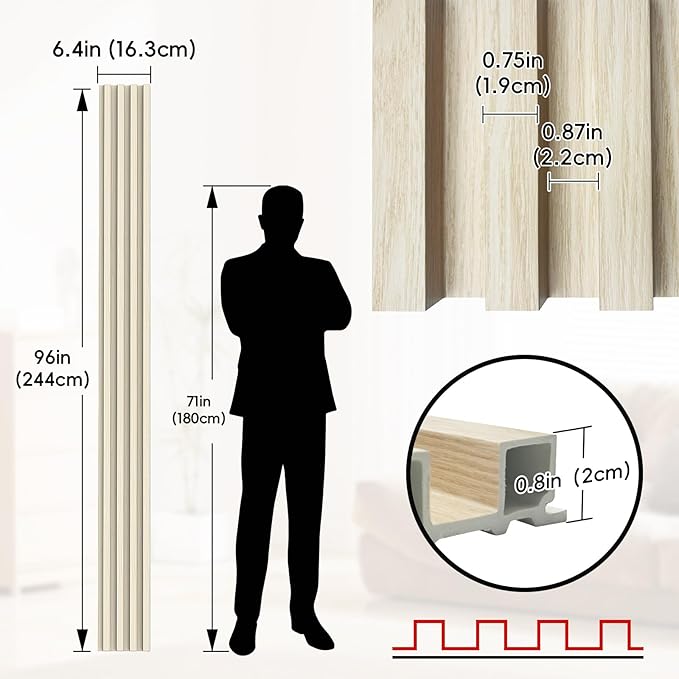 10Pack WPC Slat Wall Panels, 96 x 6.4 x 0.8Inches 3D Accent Wall Panels for Interior Home Decor, Fluted Wood Paneling for Living Room, TV Background, Office, Bedroom(Oak)