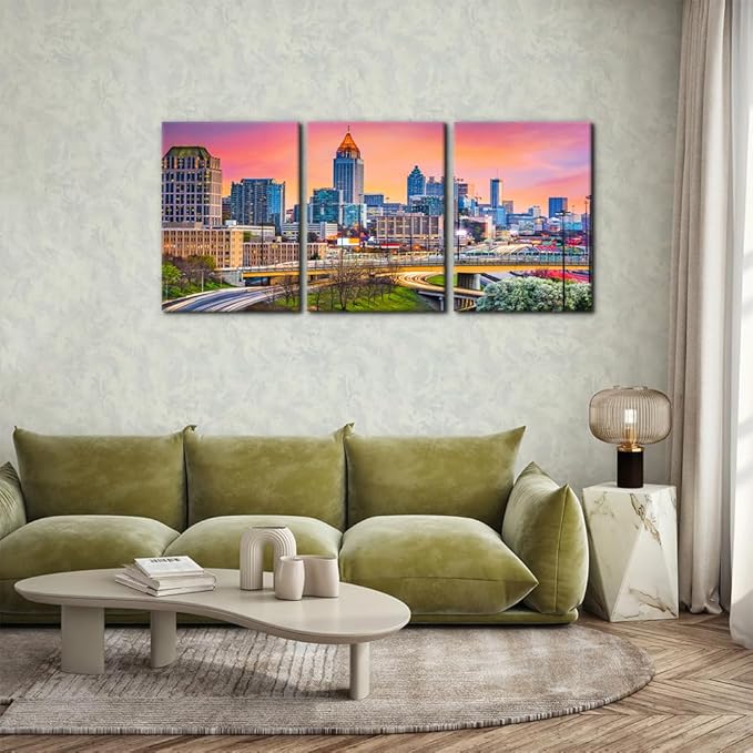 Pacimo Atlanta Cityscape Canvas Wall Art Print City Skyline at Dusk Painting Wall Decor for Living Room Home Decoration Gallery Wrapped Posters and Prints Framed Ready to Hang - 20"x28"x3 Panels