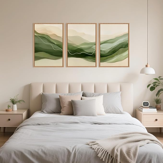 Large Abstract Smoke Waves Framed Canvas Wall Art Set,Ink Minimalist Green Beige Wall Decor,Watercolor Modern Neutral Lines Artwork for Living Room,Bedroom,Office-24 x36 x3