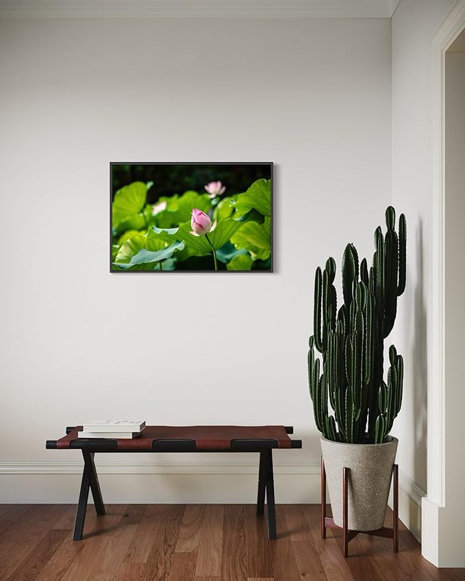 Oriental Beauty: Stunning Feng Shui Landscape Wall Art Prints for Home Decor in 3 Sizes (Serenity in Bloom: Pink Lotus Bud Amidst Green, 24" x 36")