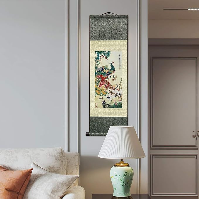 AtfArt Asian Wall Decor Beautiful Silk Scroll Painting Birds - A Hundred Birds Respect The Phoenix Oriental Decor Chinese Art Wall Scroll Wall Hanging Painting Scroll (36.2 x 12 in)