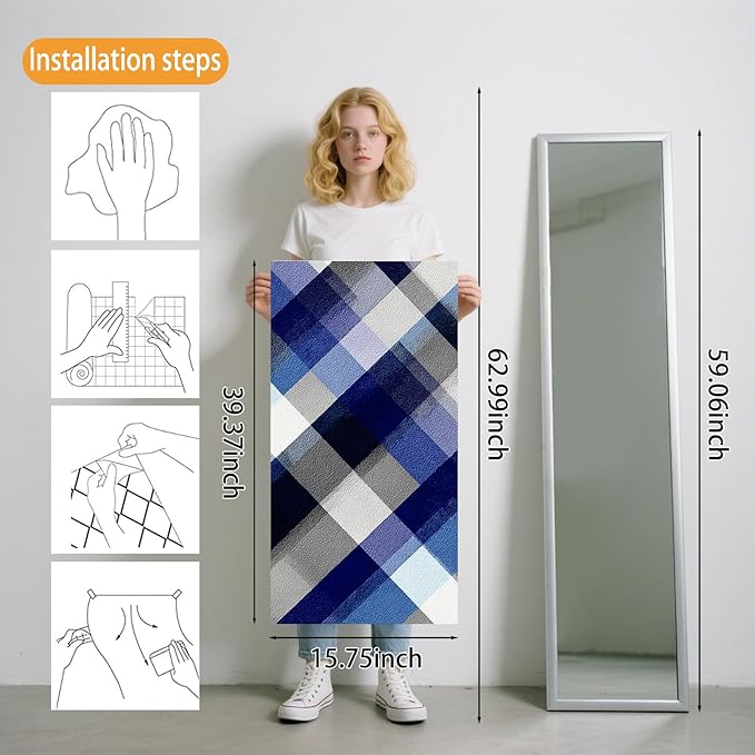 Nuxovilar Blue Plaid Checkered Textured Peel and Stick Wallpaper, 15.75"x39.37", Self-Adhesive Contact Paper, Classic Tartan Design for Bedroom, Living Room and Table Decor