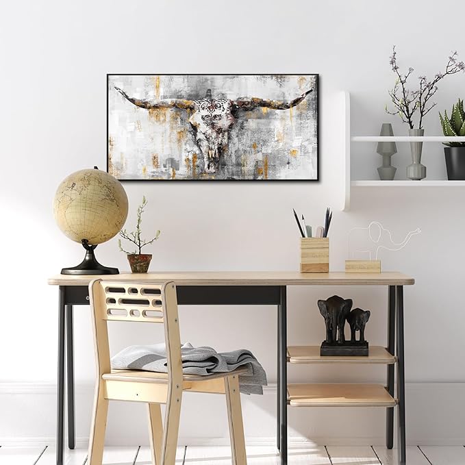 KREATIVE ARTS Vintage Bull Skull Canvas Wall Art 20x40 Inch Longhorn Head Print with Black Frame Rustic Cow Skull Painting for Farmhouse Living Room Bedroom Western Country Wildlife