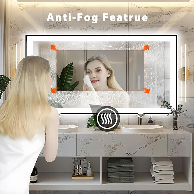 60x30 Lighted Bathroom Mirror, Wall-Mounted, Black Rim Mirror, Vanity(Front and Backlit), Stepless Dimmable CRI90+, Anti-Corrosion, Anti-Rust, Touch Sense, Memory(Horizontal/Vertical)