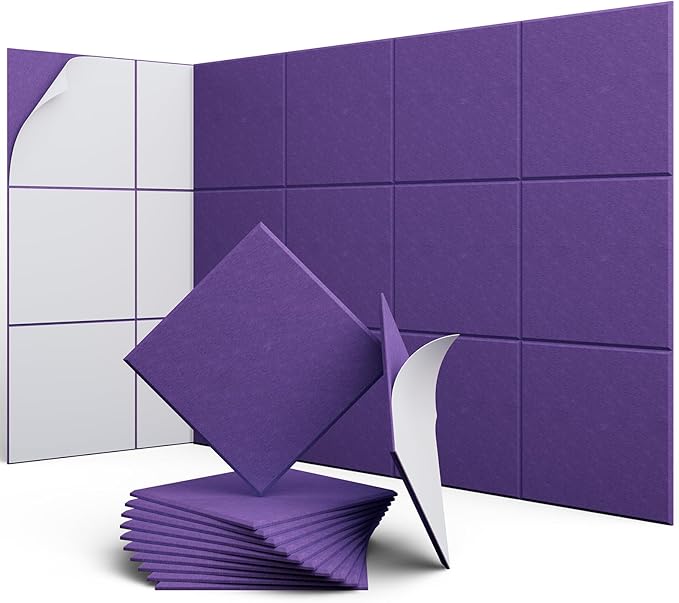 12 Pack 12" X 12" X 0.4" Acoustic Panels for Wall Sound Absorbing, Square Self-Adhesive Sound Panel, High Density Suitable for Multiple Scenarios(Violet)