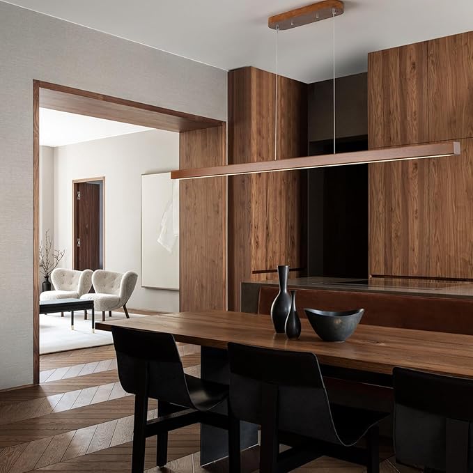 71" Wood Linear Pendant Light Modern LED Dimmable Ceiling Hanging Light Fixtures Wood Linear Chandeliers 40w for Dining Room Kitchen Island Pool Table Bar Walnut Color