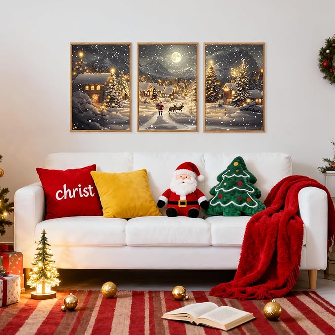 CHDITB Christmas Village Wall Art Set Of 3, Santa Claus and Reindeer Wall Decor, Moonlit Winter Artwork, Xmas Snowy Landscape Painting, Vintage Christmas Decor for Living Room Bedroom Fireplace 16"x24"