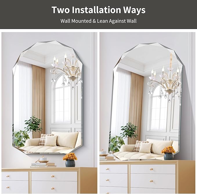 KOCUUY 30"x48" Frameless Mirror, Arched Shape with Diamond-Shaped Beveled Edge,Unframed Decorative with Upgraded Shatterproof Glass,Unique Frameless Mirror for Bathroom,Living Room,Bedroom