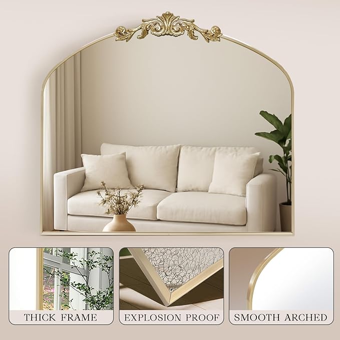 MISSDAY Vintage Retro Gold Baroque Mirror for Wall, 36"X30" Arched Antique Wall Mirror with Elegant Carving Top, Full Metal Frame Wall-Mounted Mirror for Bathroom, Living Room, Fireplace, Entryway