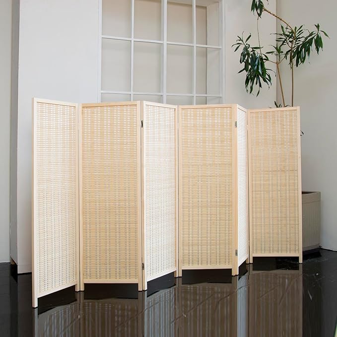 6 Panel Short Room Divider Folding Screen,47 inch Bamboo Panel Divider for Home Partition,Beige