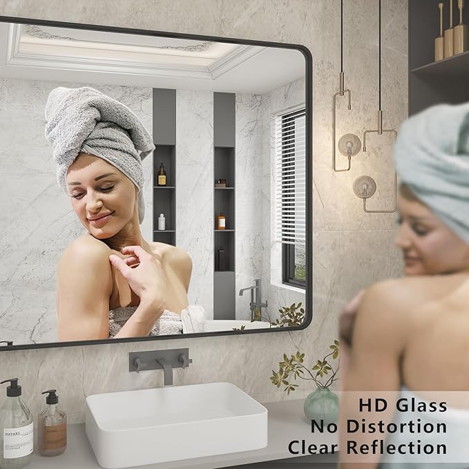 2 Pack of 22x30 Inch Black Metal Framed Bathrrom Mirror, Black Matte Rounded Rectangle Bathroom Vanity Mirror, Anti-Rust, Hangs Horizontally or Vertically