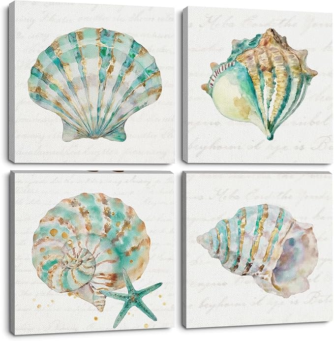 4 Pcs Seashells Starfish Wall Art, 7.9x7.9in Beach Framed Art Paintings Wall Decor Ocean Inspired Seaside Ocean Inspired for Living Room Bathroom Beach House Home Kitchen Decor