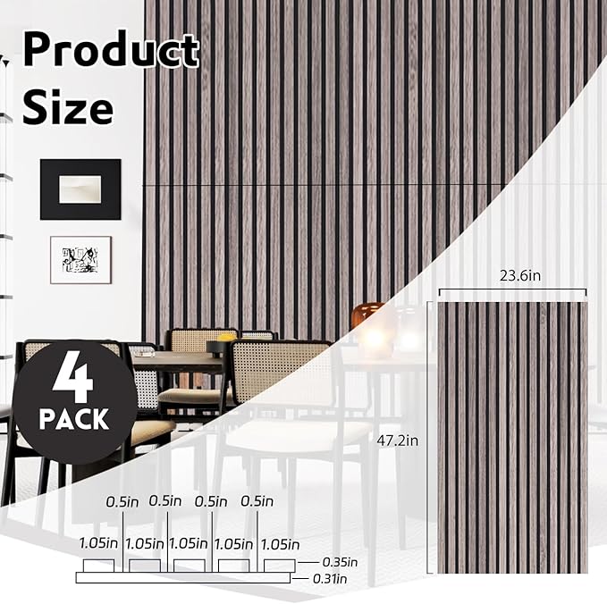 4 Pack Wood Panels for Wall, 47.2"×23.6" Wood Slat Acoustic Panels for Wall, Soundproof Panels, 3D Fluted Panels for Interior Decor (Grey)