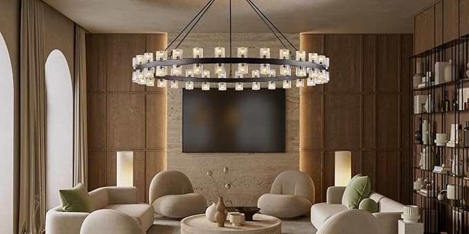 60 Inch Black Wagon Wheel Chandelier with Crystal Shade, 60 Lights, Modern Farmhouse Style, Ideal for Dining Room, Kitchen, Entryways
