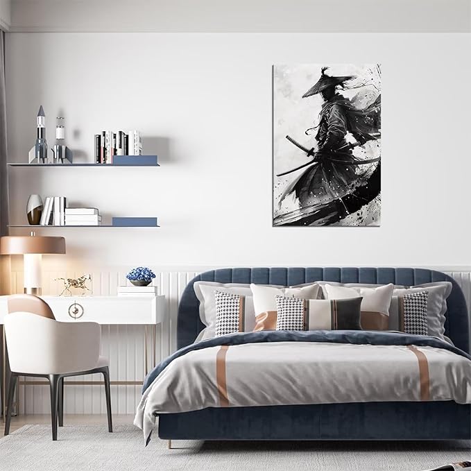 Black and White Warrior Wall Decor Japanese Samurai Wall Art Prints Vintage Japanese Cultural Samurai Pictures Canvas Painting Framed for Living Room Bathroom Bedroom Office (28''W x 44''H)