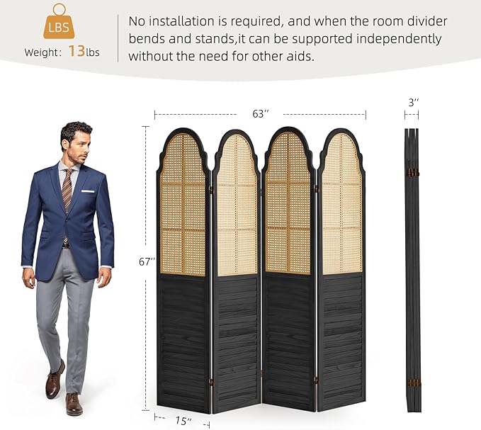 4 Panel Rattan Room Divider, 6 FT Tall Portable Partition Solid Wood Frame Folding Privacy Screen, Partition Room Divider Ideal for Bedroom Living Room Office, Black