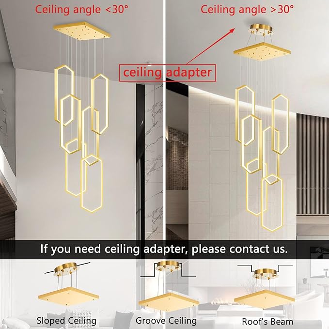 6 Rings Modern Chandelier LED Dimmable Pendant Lighting Adjust Flush Mount Ceiling Light for Foyer Lobby Living Room Staircaes Gold