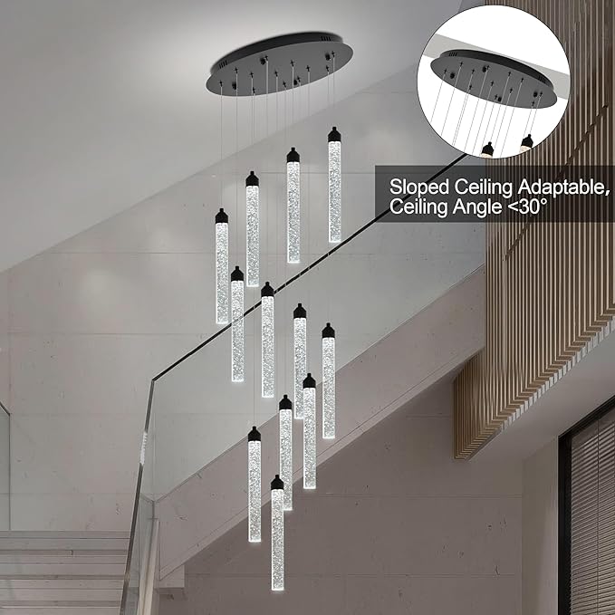 12-Lights High Ceiling Crystal Staircase Chandelier Black, Modern Spiral Raindrop Dimmable LED Bubble Cluster Ceiling Hanging Lighting Fixture for Foyer Living Room Entrance Remote Control