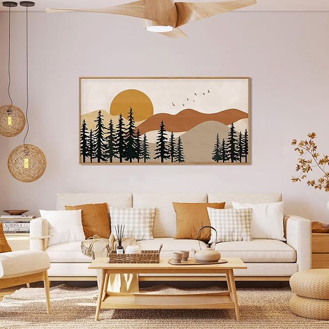 Boho Mountain Framed Canvas Wall Art Set,Nature Forest Pine Tree Wall Decor,Mid Century Sunset Landscape Artwork for Living Room,Bedroom-20 x40