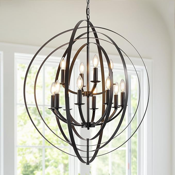 Black Chandelier, 12-Light Farmhouse Chandelier for Entryway, 31.5" Round Pendant Light Fixtures, Industrial Foyer Lighting Fixtures, Large Chandeliers for High Ceilings, for Living Room, Staircase