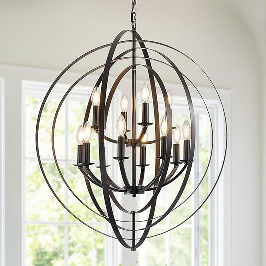 Black Chandelier, 12-Light Farmhouse Chandelier for Entryway, 31.5" Round Pendant Light Fixtures, Industrial Foyer Lighting Fixtures, Large Chandeliers for High Ceilings, for Living Room, Staircase