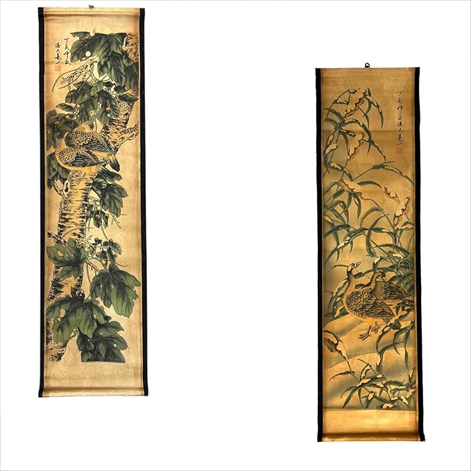 CIFIBIFUN Wall Asia Art Prints Posters Painting Plant Flower Vintage Style,4 Panels Old Paper Scroll, Home Walls Decor (Super Old Aging Paper, B Plants Birds)