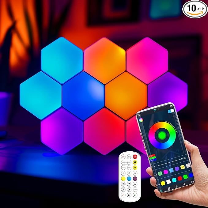 10Pcs RGB Hexagon Light Panels LED Wall Lights, Smart Modular Gaming Lights Creative Wall Lights with APP, Cool DIY Honeycomb Shape Panels Hexagon Lights with Music Sync for Indoor Decor
