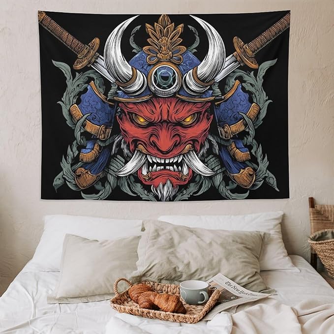 UUKXKUU Oriental Retro Mask Symmetry Samurai Tapestry Flag Backdrop Wall Hanging Large Wall Art Decor for Dorm Office Bedroom Living Room 60"×80"