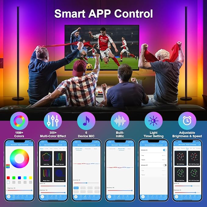 63″H RGB Floor Lamp, LED Corner Lamp,16 Million DIY Colors, 68+ Scenes, Music Sync, App & Remote Control (2 Pack)