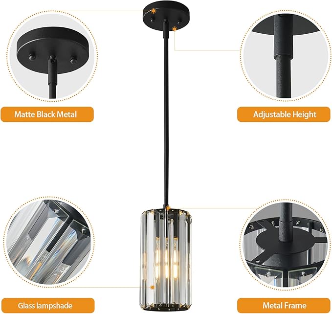 Black Pendant Lighting Modern Pendant Light Mini Crystal Chandeliers Adjustable Pendant Light Fixture for Kitchen Island Dinning Room Corridor Bedroom(Black 3-Pack)