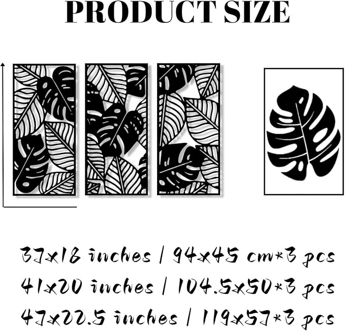 3 Pcs Large Leaves Metal Wall Art, Tropical Palm Leaf Metal Wall Decor, Boho Metal Leaves Wall Art Decor, Metal Hanging Tropical Wall Decor for Living Room Bedroom Outdoor (41x20 inches / 104.5x50x3 PCS, Black)