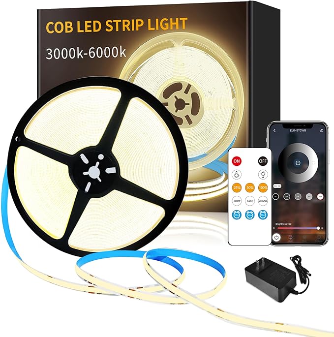 50 FT COB LED Strip Lights Warm White Dimmable DC 24V 3000K Flexible LED Tape Light for Bedroom, with Remote and app Control LED Tape Lights,for DIY Home Decoration