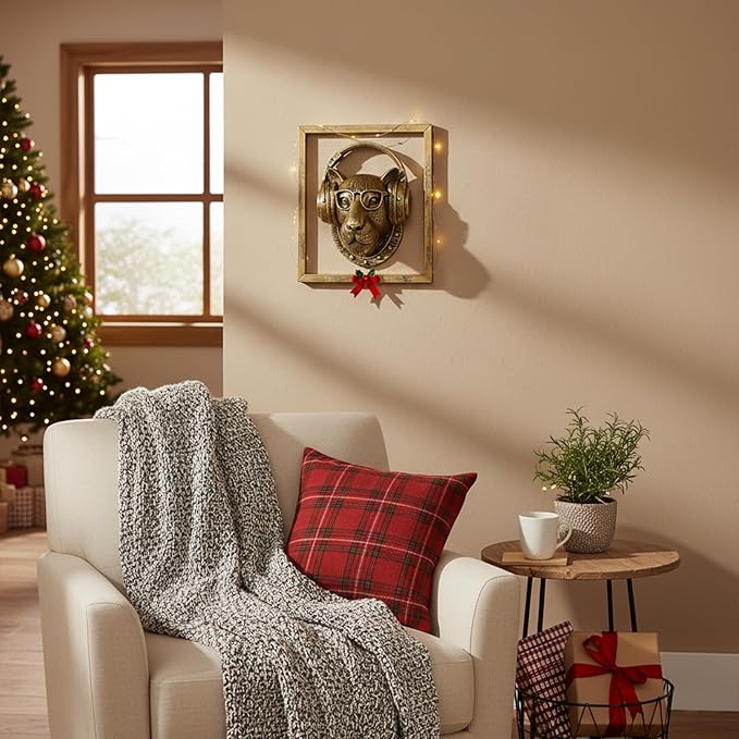 JJALIGHTS Exquisite Resin Animal Head Wall Sculpture (Gift Metal Frame) - Imitation Copper Vintage Decor for Living Room, Bedroom & Office | Decorative Wall Hanging Art (Leopard)