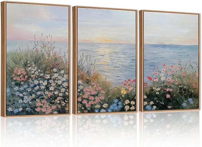 CHDITB Coastal Wildflowers Framed Canvas Wall Art Set, Coastal Floral Nursery Wall Decor, Seaside Sunset Artwork Spiritual Painting, Vintage Beach Art Prints For Living Room, Bedroom, Office 24"x36”x3