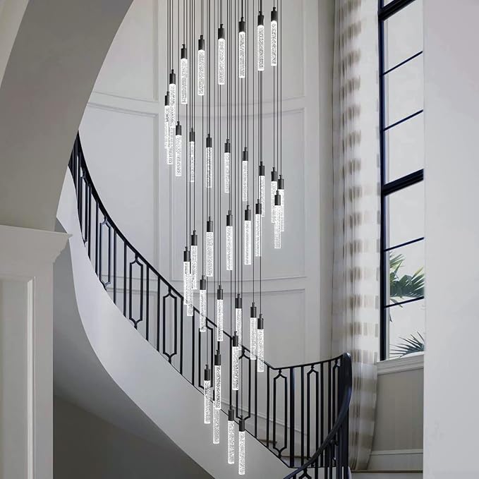 36-Light Modern Living Room Chandelier Black Crystal Ceiling Pendant Lights LED Dimmable 216W 6000K Staircase Large Chandeliers for Entryway Lobby Foyer High Ceiling Chandeliers