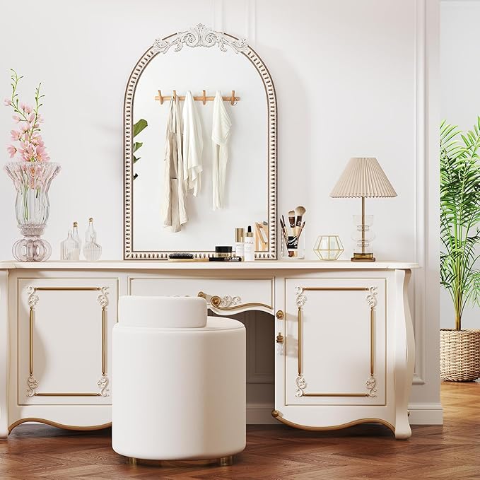 24''x36'' Arched Wall Mirror with Beads Wooden, Vintage Baroque Decorative Arch Mirrors for Entryway, Fireplace, Living Room, Hallway, Bathroom Boho Accent