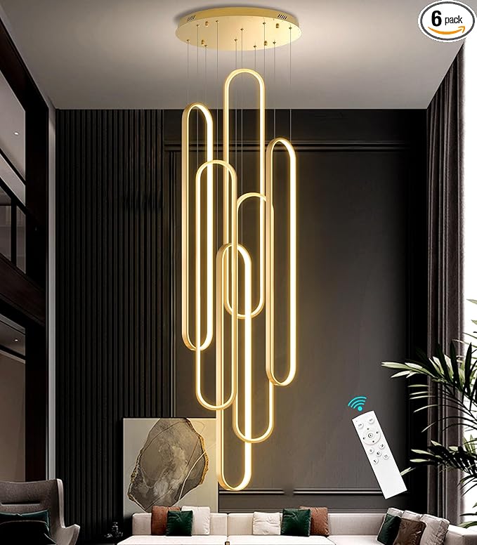 6-Rings Modern Chandelier, LED Gold Large Contemporary Light for Staircase, Dimmable Flush Mount High Ceiling Chandeliers with Remote Control for Villa Foyer