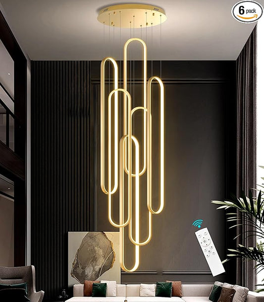 6-Rings Modern Chandelier, LED Gold Large Contemporary Light for Staircase, Dimmable Flush Mount High Ceiling Chandeliers with Remote Control for Villa Foyer
