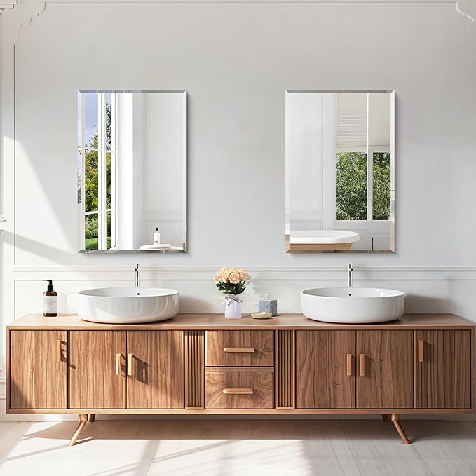 KOCUUY Frameless Bathroom Mirror, 16x24 Inch Beveled Mirror for Over Sink, Upgraded Shatterproof Unframed Design with Beveled Edge Mirror for Bathroom, Bedroom, Entryway, Hang Horizontal/Vertical