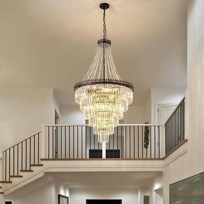 7PM French Empire Crystal Chandelier, Large Vintage Chandelier for High Ceiling, 6-Tier Antique Bronze Lighting, Farmhouse Ceiling Light Fixture for Foyer, Entryway, Living Room, 28" Wx48''H