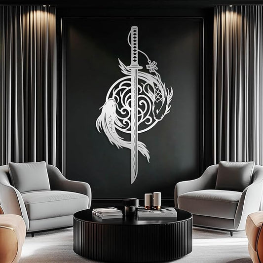 Metal Koi Fish Katana Wall Decor, Koi Fish Metal Wall Decor, Japanese Katana Wall Art, Fishes Decoration, Feng Shui Wall Art, Sword Wall Hanging, Living Room Wall Hanging (Silver, 59"x29"/150x73cm)