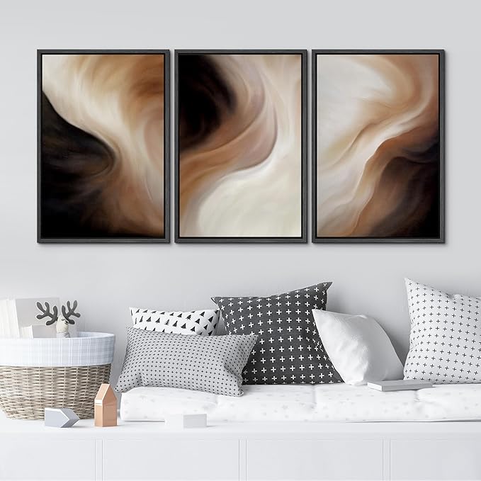 MUDECOR Framed Canvas Print Wall Art Abstract Neutral Brown and Beige Fluid Illustrations Realism Decorative for Living Room, Bedroom, Office - 24"x36"x3 Black