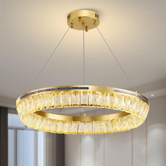 Modern LED Crystal Chandelier Brass Round Dimmable Gold Chandelier Light Fixture 3 Colors Pendant Ceiling Light for Dining Room Living Room Kitchen Island Entryway Foyer Bedroom Bathroom D22''