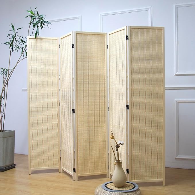5 Panel Room Divider and Folding Panel Screen,Bamboo Panel Divider Screen for Room Separation,Beige,67" H x 76.75" W