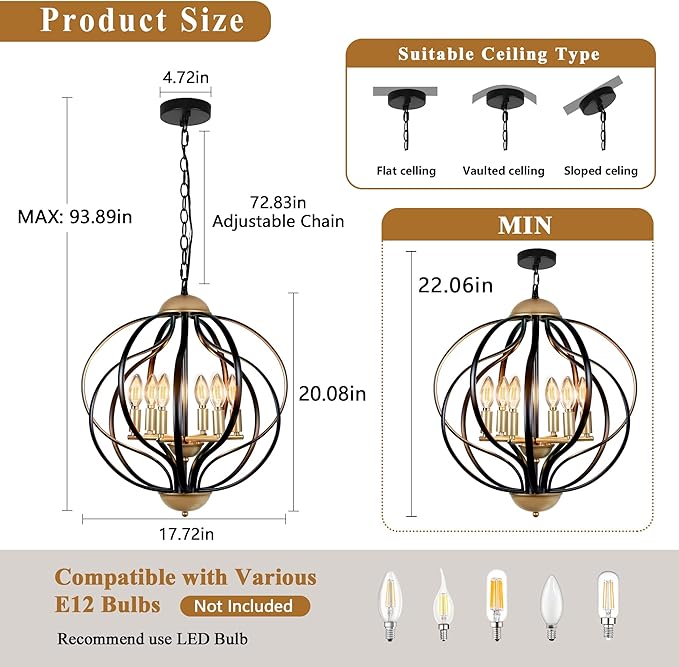 Black and Gold Chandelier, Modern Farmhouse Chandelier 17.7" Geometric Sphere Chandelier for Entryway 6 Lights Metal Industrial Pendant Light Fixture for Dining Room,Kitchen Island,Stairs,Foyer