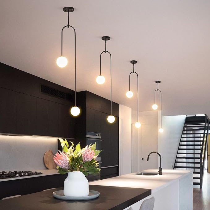 Modern Milk Glass Pendant Light 2 Light Mid Century Chandelier Small Glass Globe Black Pendant Lights for Kitchen Island Bedroom Dining (Metal Tube Removable, 2 Pack)
