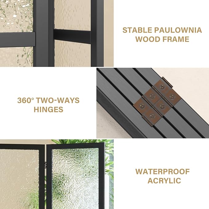 4 Panel Acrylic Room Divider Privacy Screen - Freestanding Frosted Translucent Partition, Lightweight Modern for Home Office Studio (Black, 4 Panels)