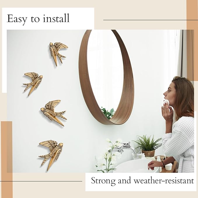 4 Pcs Vintage Bird Wall Sculpture Decor Art 4.7 Inch Antique 3D Sculpted Hanging Bird Resin Wall Art Golden Brass Rustic Floating Ornament for Living Room Garden Indoor Outdoor, Gift for Christmas