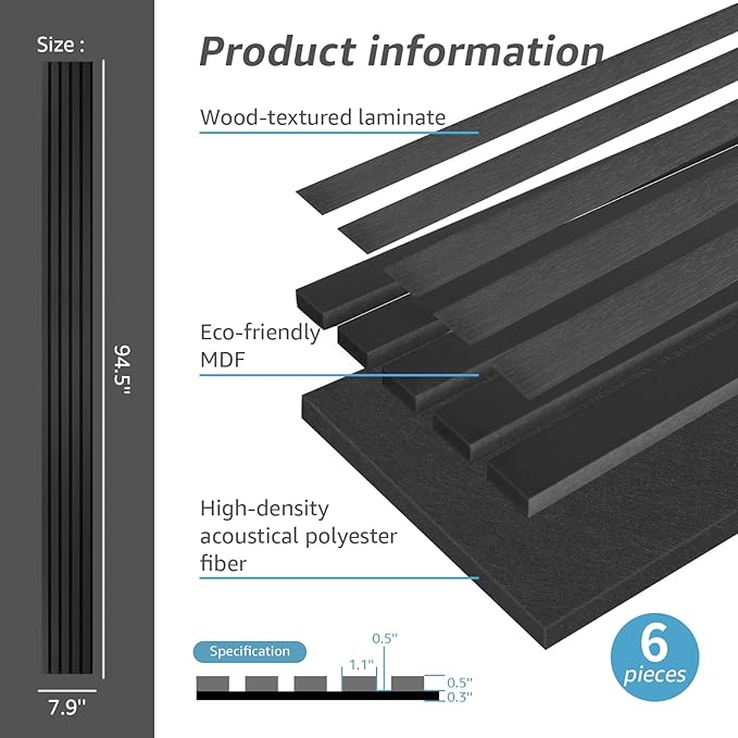 Art3d 6-Piece Wood Slat Acoustic Panels for Stylish Decor and Noise Reduction, 3D Textured Panel for Ceiling and Wall, Matte Black